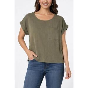 NWT Six/Fifty Olive Short Sleeve Pocket Top Button Back Blouse Size Small
